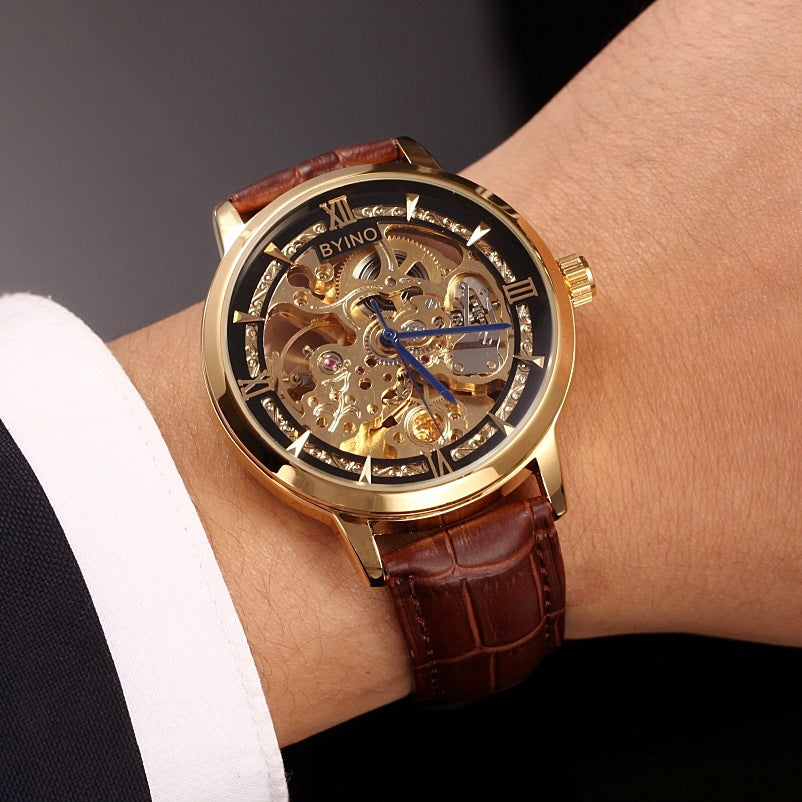 Mens Casual Leather Hollowing Automatic Mechanical Watches Through The End Of The Golden Youth Men's Waterproof