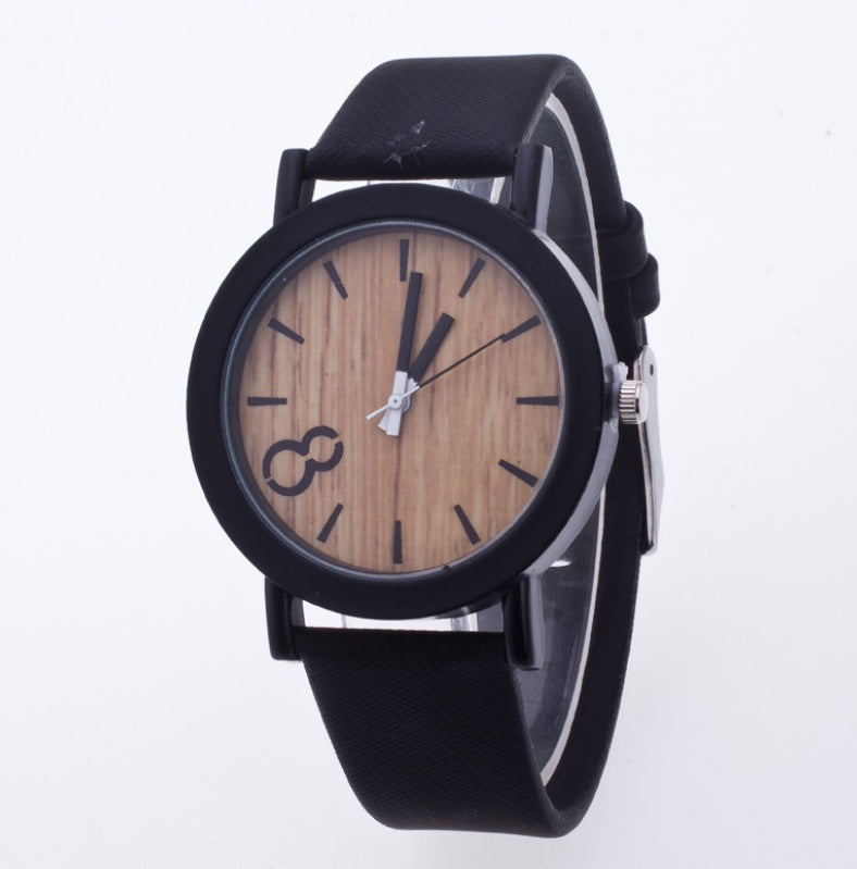 Wood grain PU leather neutral watch men and women retro watch