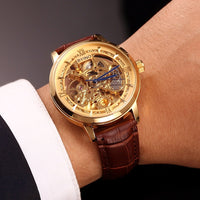 Mens Casual Leather Hollowing Automatic Mechanical Watches Through The End Of The Golden Youth Men's Waterproof